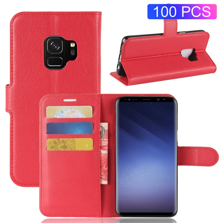 100Pcs/Set Litchi Grain Wallet Stand Leather Folio Phone Case for Samsung Galaxy S9 G960 - Red-1