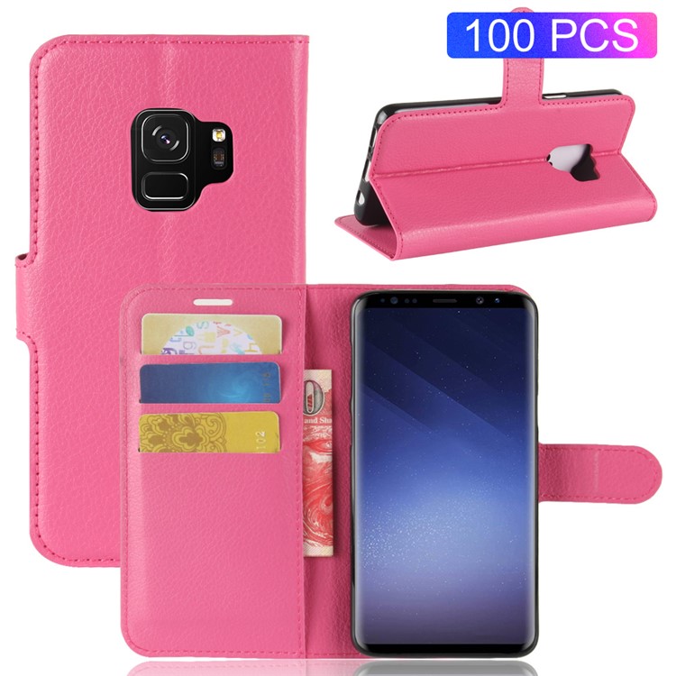 100Pcs/Set Litchi Grain Wallet Leather Case with Stand for Samsung Galaxy S9 G960 - Rose-1