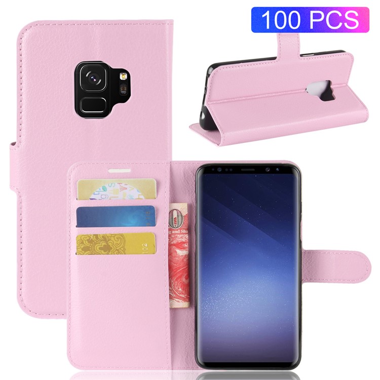 100Pcs/Set Litchi Grain Wallet Stand Leather Cover Shell for Samsung Galaxy S9 G960 - Pink-1