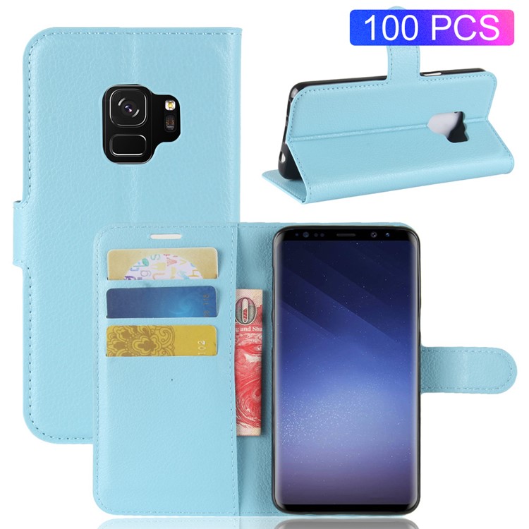 100Pcs/Set Litchi Grain Wallet Stand Leather Protection Folio Case for Samsung Galaxy S9 G960 - Blue-1