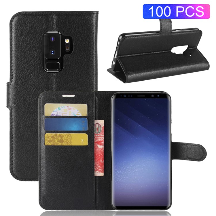 100Pcs/Set Litchi Grain Wallet Stand Leather Case for Samsung Galaxy S9+ G965 - Black-1