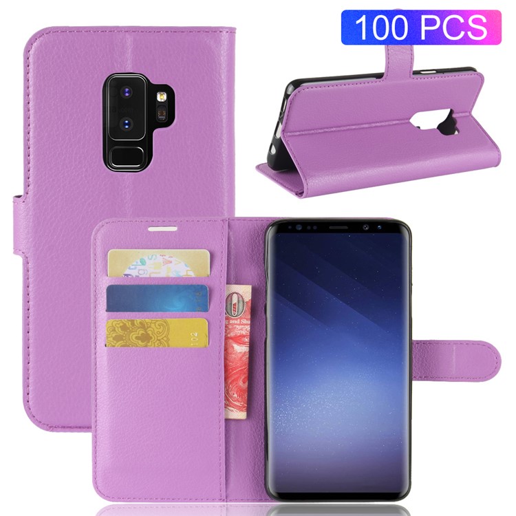100Pcs/Set Litchi Skin Wallet Stand Leather Magnetic Protection Cover for Samsung Galaxy S9+ G965 - Purple-1