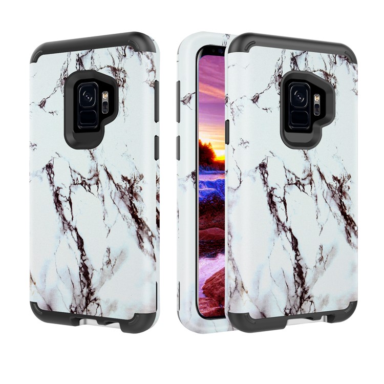 Marble Pattern 2-in-1 Heavy Duty PC + Silicone Hybrid Shockproof Back Case Cover for Samsung Galaxy S9 SM-G960 - White/Black-1