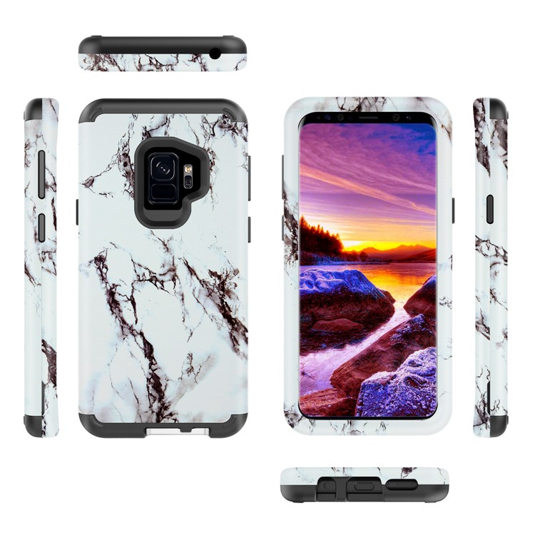 Marble Pattern 2-in-1 Heavy Duty PC + Silicone Hybrid Shockproof Back Case Cover for Samsung Galaxy S9 SM-G960 - White/Black-4