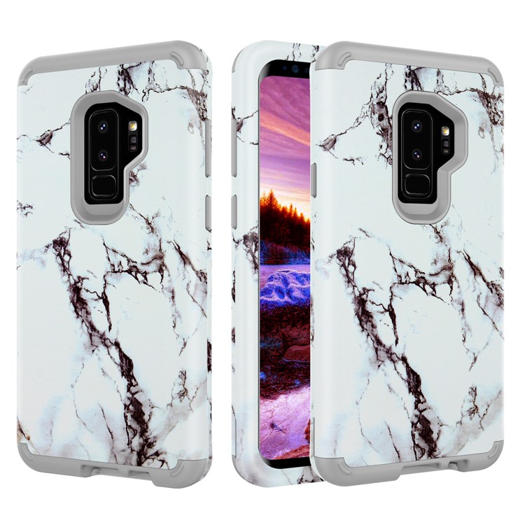 

For Samsung Galaxy S9 Plus G965 Marble Pattern 2-in-1 Heavy Duty PC + Silicone Hybrid Shockproof Phone Case - Grey / White