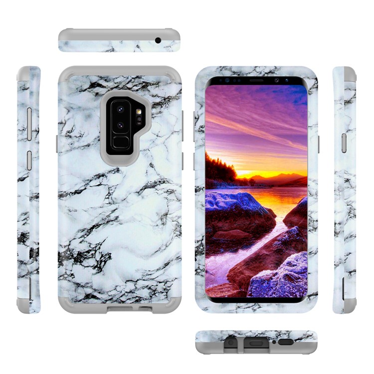 White and Black Marble Pattern 2-in-1 Heavy Duty PC + Silicone Hybrid Shockproof Back Cover for Samsung Galaxy S9 Plus SM-G965-4