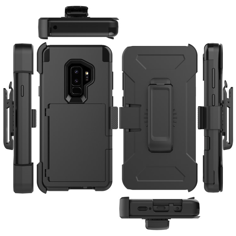 Shockproof 2-in-1 Heavy Duty PC + Silicone Hybrid Card Holder Back Case with Kickstand for Samsung Galaxy S9 Plus SM-G965 - Black-2