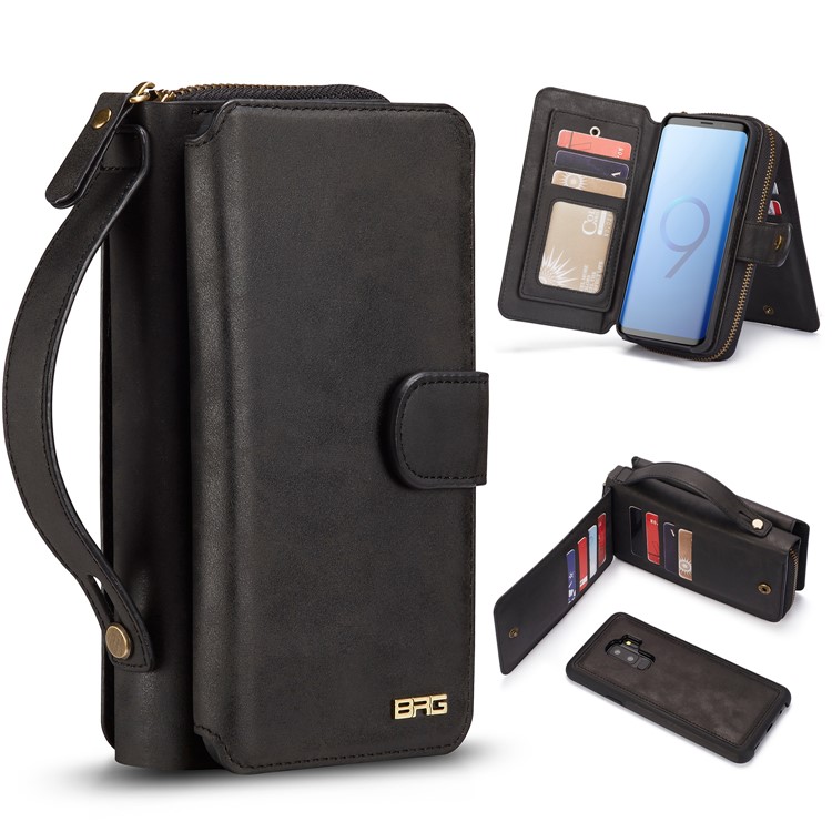 BRG Portable Zipper Wallet Leather Cover + Detachable Leather Coated TPU Case for Samsung Galaxy S9 Plus SM-G965 - Black-1