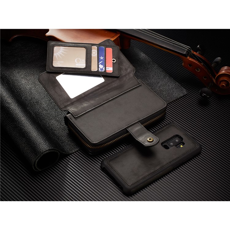 BRG Portable Zipper Wallet Leather Cover + Detachable Leather Coated TPU Case for Samsung Galaxy S9 Plus SM-G965 - Black-10