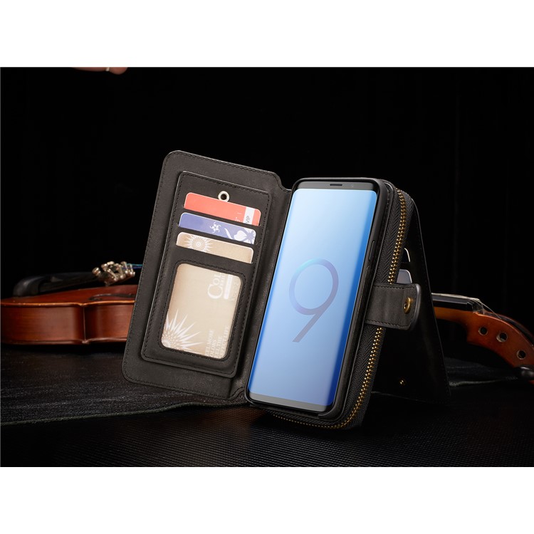 BRG Portable Zipper Wallet Leather Cover + Detachable Leather Coated TPU Case for Samsung Galaxy S9 Plus SM-G965 - Black-12