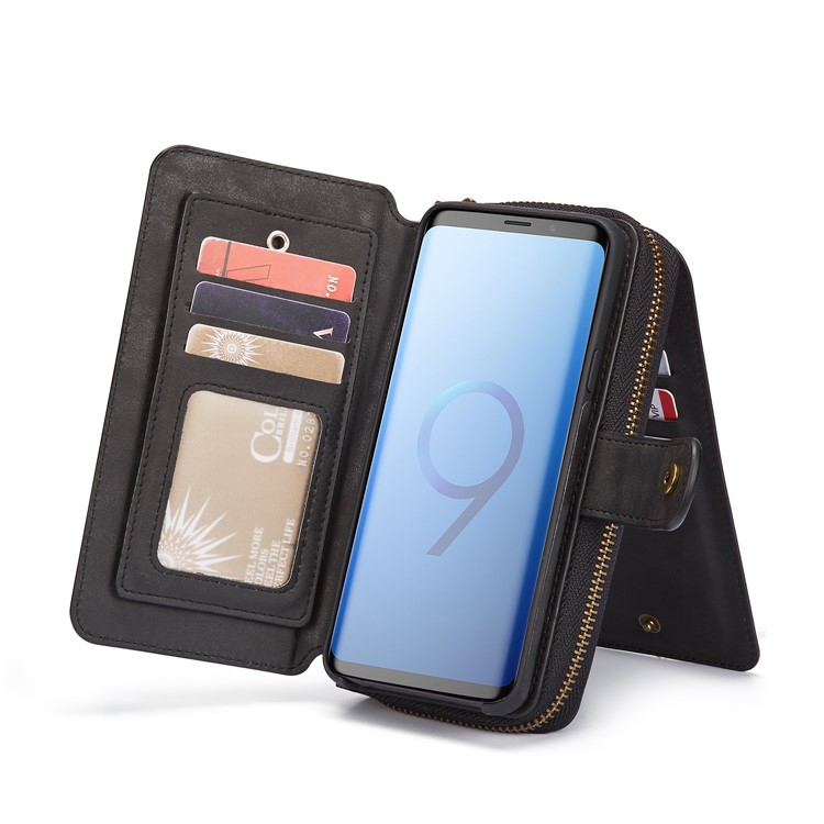 BRG Portable Zipper Wallet Leather Cover + Detachable Leather Coated TPU Case for Samsung Galaxy S9 Plus SM-G965 - Black-5