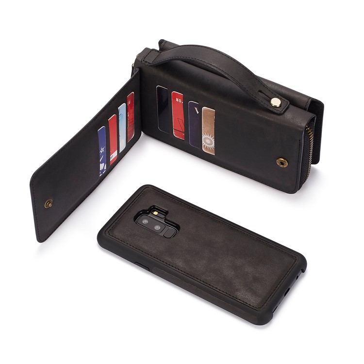 BRG Portable Zipper Wallet Leather Cover + Detachable Leather Coated TPU Case for Samsung Galaxy S9 Plus SM-G965 - Black-7