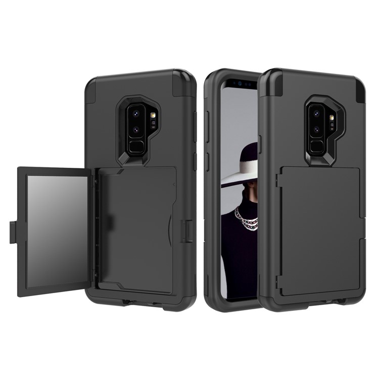 Shockproof 2-in-1 Heavy Duty PC + Silicone Hybrid Card Holder Back Case with Mirror for Samsung Galaxy S9 Plus SM-G965 - Black-1