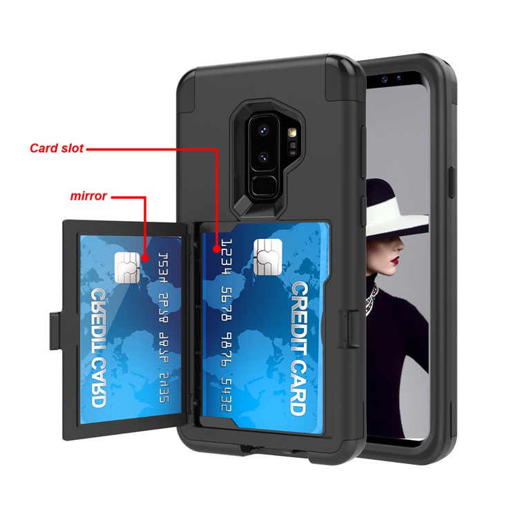 Shockproof 2-in-1 Heavy Duty PC + Silicone Hybrid Card Holder Back Case with Mirror for Samsung Galaxy S9 Plus SM-G965 - Black-5