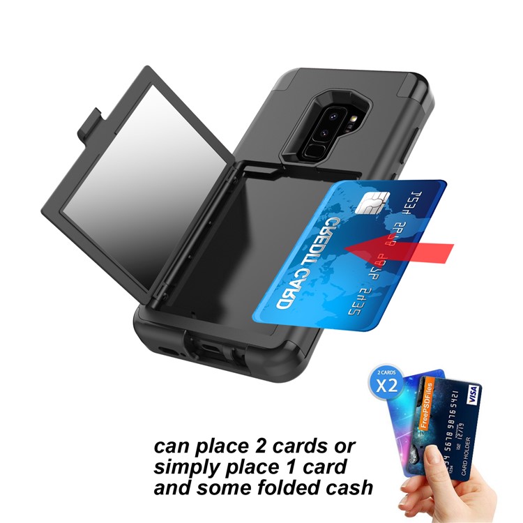 Shockproof 2-in-1 Heavy Duty PC + Silicone Hybrid Card Holder Back Case with Mirror for Samsung Galaxy S9 Plus SM-G965 - Black-7