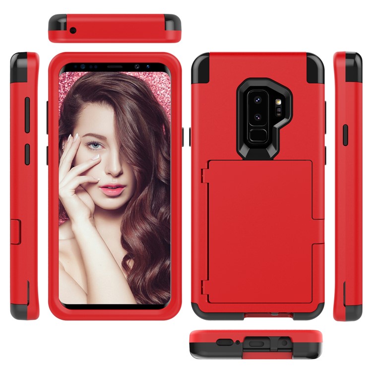 Shockproof 2-in-1 Heavy Duty PC + Silicone Hybrid Card Holder Back Cover with Mirror for Samsung Galaxy S9+ SM-G965 - Red-4