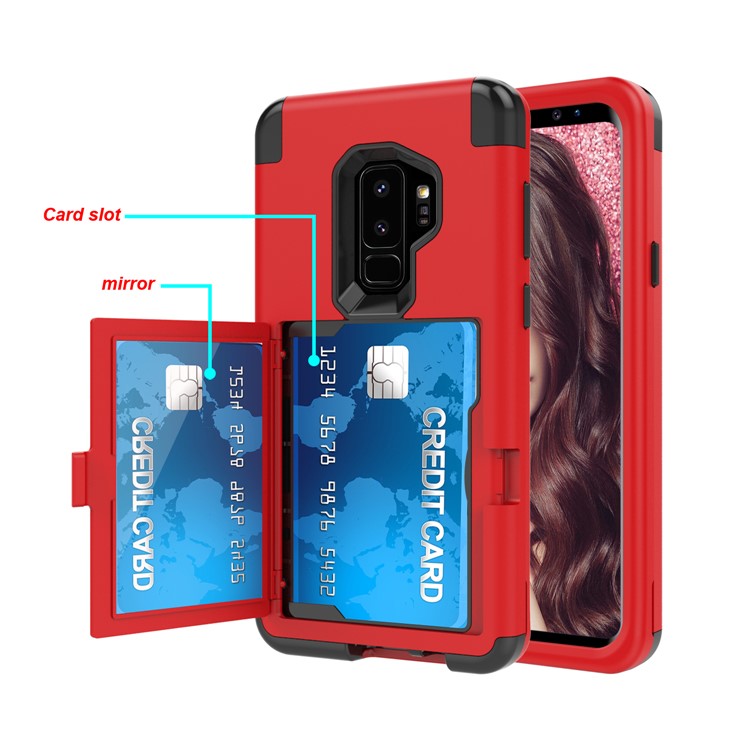 Shockproof 2-in-1 Heavy Duty PC + Silicone Hybrid Card Holder Back Cover with Mirror for Samsung Galaxy S9+ SM-G965 - Red-5