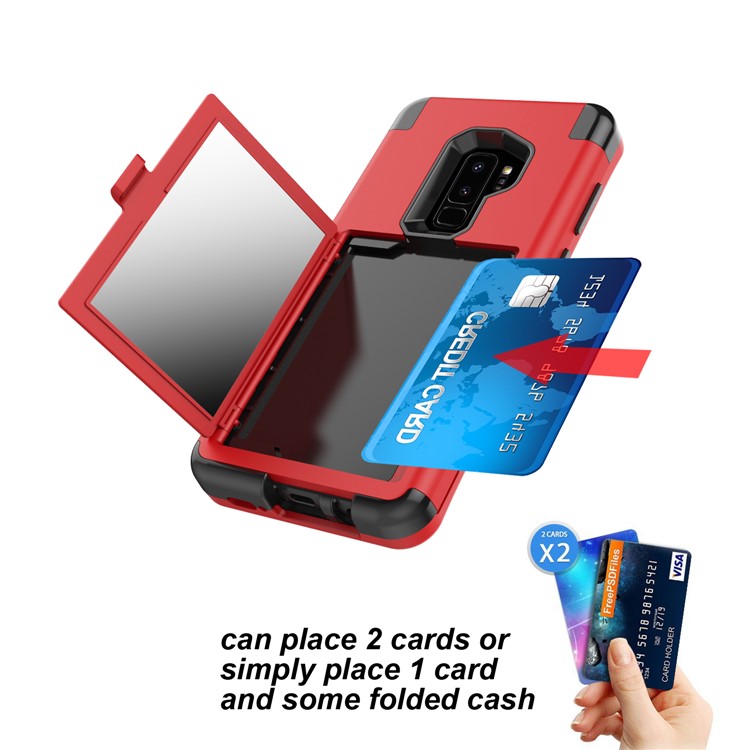 Shockproof 2-in-1 Heavy Duty PC + Silicone Hybrid Card Holder Back Cover with Mirror for Samsung Galaxy S9+ SM-G965 - Red-7
