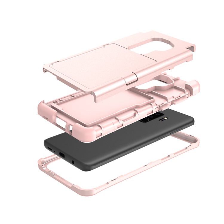 Shockproof 2-in-1 Heavy Duty PC + Silicone Hybrid Card Holder Back Shell with Mirror for Samsung Galaxy S9+ SM-G965 - Pink-10