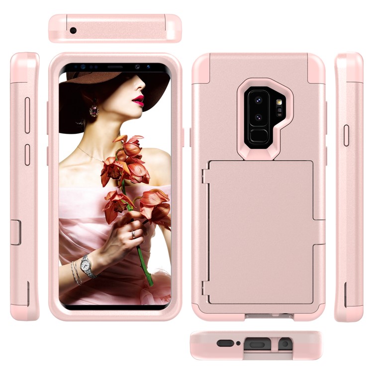 Shockproof 2-in-1 Heavy Duty PC + Silicone Hybrid Card Holder Back Shell with Mirror for Samsung Galaxy S9+ SM-G965 - Pink-4