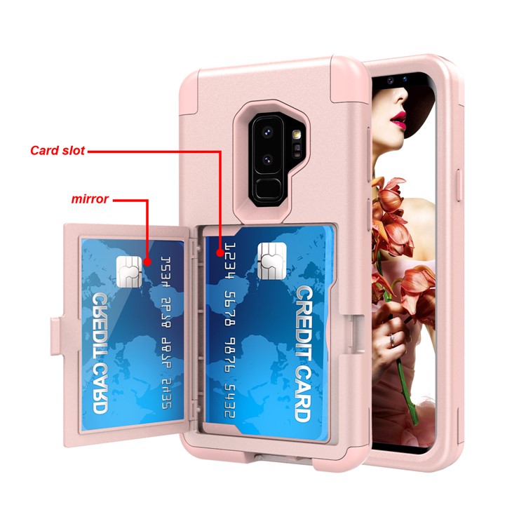 Shockproof 2-in-1 Heavy Duty PC + Silicone Hybrid Card Holder Back Shell with Mirror for Samsung Galaxy S9+ SM-G965 - Pink-5