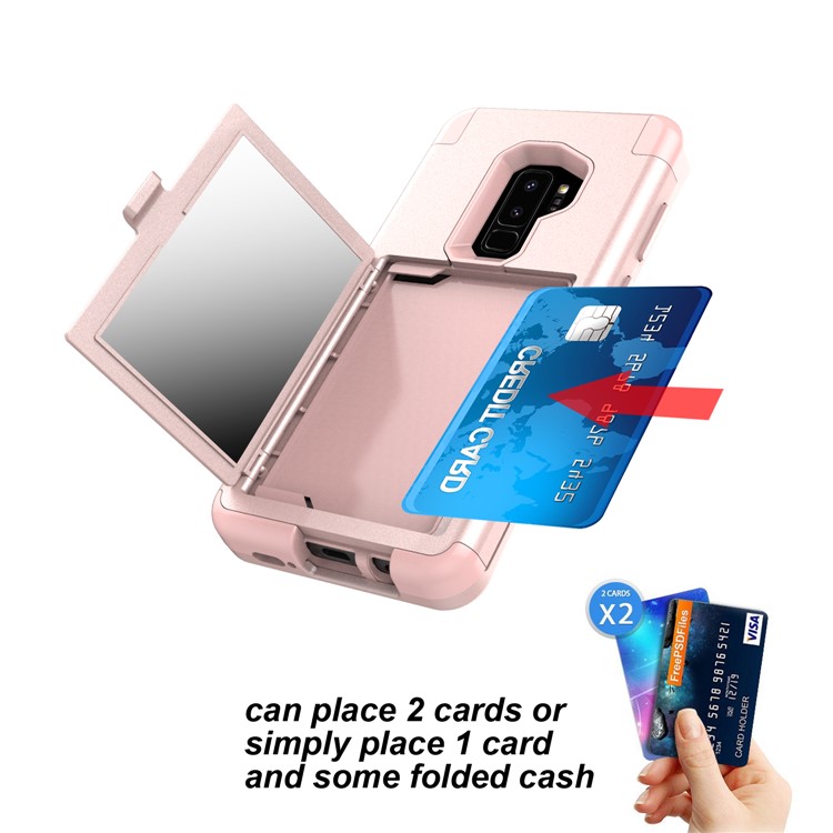 Shockproof 2-in-1 Heavy Duty PC + Silicone Hybrid Card Holder Back Shell with Mirror for Samsung Galaxy S9+ SM-G965 - Pink-7