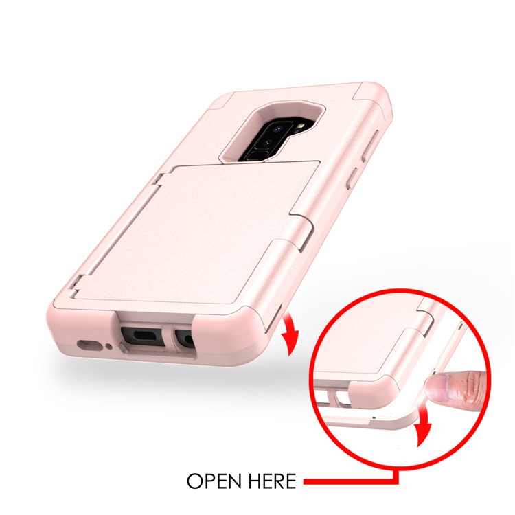 Shockproof 2-in-1 Heavy Duty PC + Silicone Hybrid Card Holder Back Shell with Mirror for Samsung Galaxy S9+ SM-G965 - Pink-9