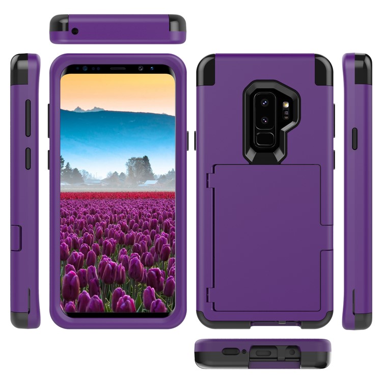 Shockproof 2-in-1 Heavy Duty PC + Silicone Combo Card Holder Back Case with Mirror for Samsung Galaxy S9 Plus SM-G965 - Purple-4