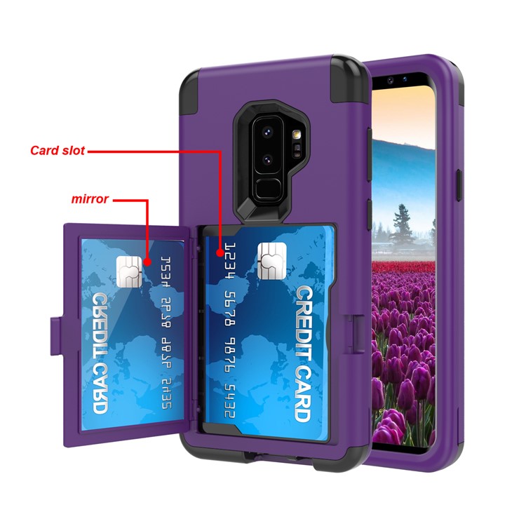 Shockproof 2-in-1 Heavy Duty PC + Silicone Combo Card Holder Back Case with Mirror for Samsung Galaxy S9 Plus SM-G965 - Purple-5