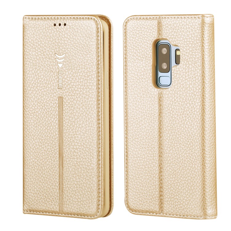 GEBEI Litchi Grão Couro Stand Fólio Estojo Protetor Com Slots Para Cartão Para Samsung Galaxy S9 + G965 - Ouro-1