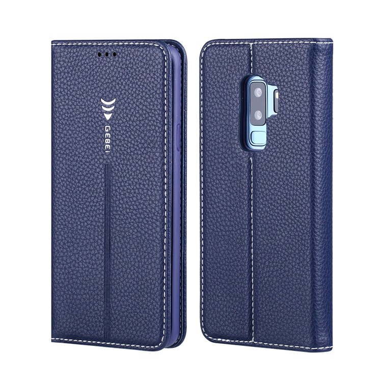 GEBEI Litchi Skin PU Leather Stand Phone Cover with Card Slots for Samsung Galaxy S9+ G965 - Dark Blue-1