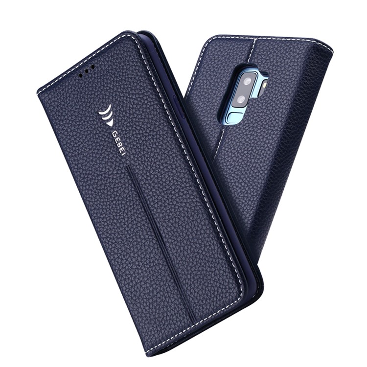 GEBEI Litchi Skin PU Leather Stand Phone Cover with Card Slots for Samsung Galaxy S9+ G965 - Dark Blue-13