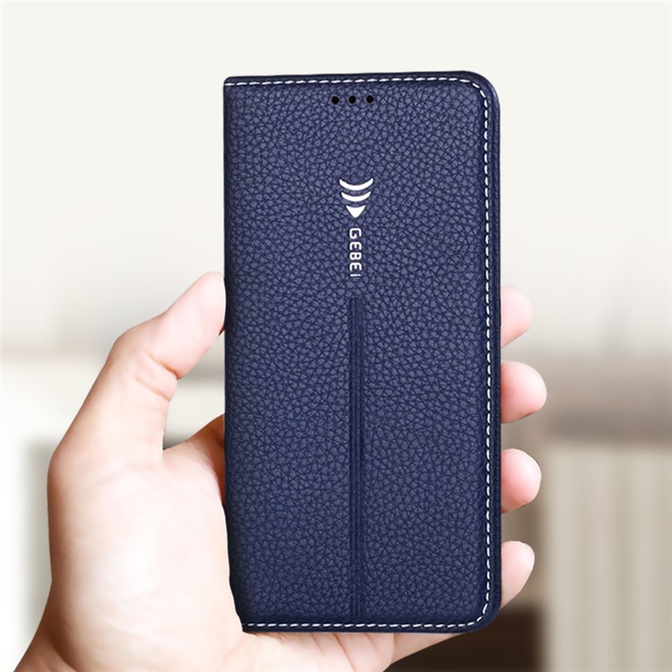GEBEI Litchi Skin PU Leather Stand Phone Cover with Card Slots for Samsung Galaxy S9+ G965 - Dark Blue-5