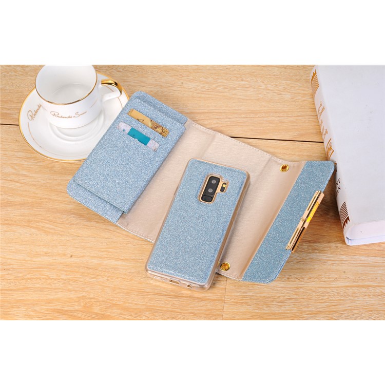 For Samsung Galaxy S9 Plus Detachable 2-in-1 Glitter Powder Diamond PU Leather Wallet + TPU Back Accessory Case - Blue-7