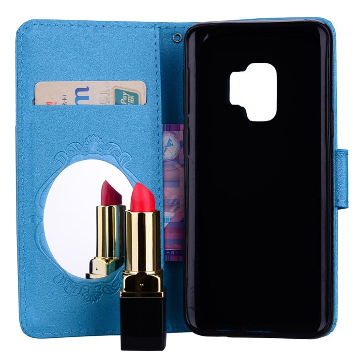 Imprinted Butterfly Flower Pattern Rhinestone PU Leather Wallet Shell Stand for Samsung Galaxy S9 SM-G960 - Blue-7
