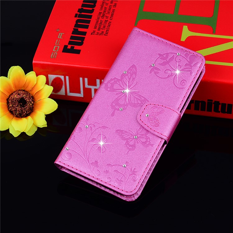 Imprinted Butterfly Flower Pattern Rhinestone Wallet Leather Stand Cover for Samsung Galaxy S9+ SM-G965 - Rose-8