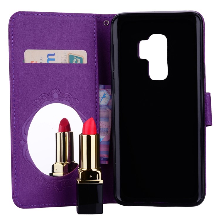 Imprinted Butterfly Flower Pattern Rhinestone PU Leather Mobile Phone Case for Samsung Galaxy S9 Plus SM-G965 - Purple-7