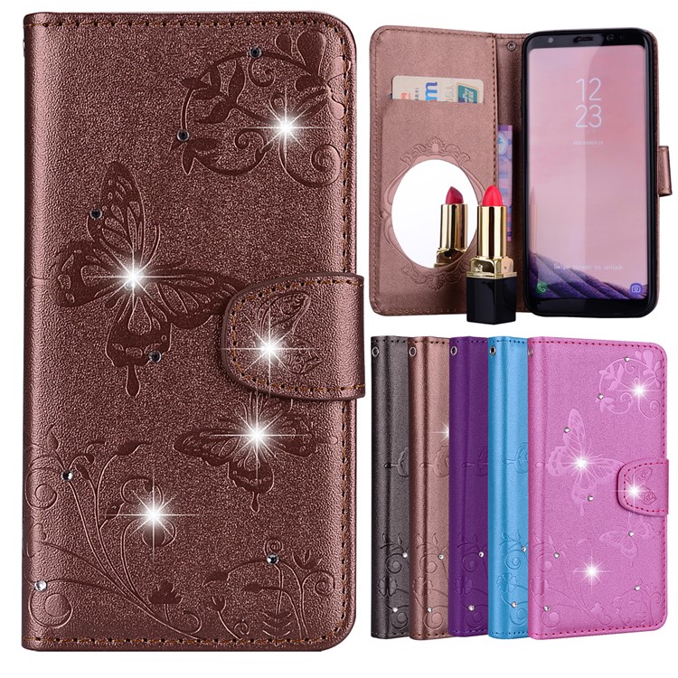Imprinted Butterfly Flower Pattern Rhinestone Leather Protection Cover Shell for Samsung Galaxy S9+ SM-G965 - Brown-1
