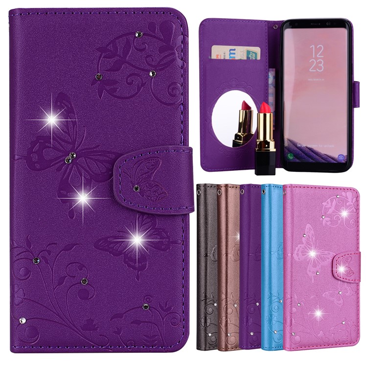 Imprinted Butterfly Flower Pattern Rhinestone Stand Leather Wallet Phone Shell for Samsung Galaxy S8 SM-G950 - Purple-1