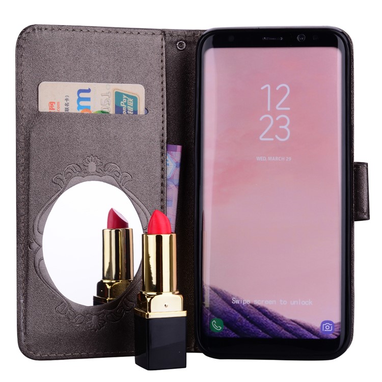 Imprinted Butterfly Flower Pattern Rhinestone Decoration Wallet Leather Case with Mirror for Samsung Galaxy S8+ SM-G955 - Black-7
