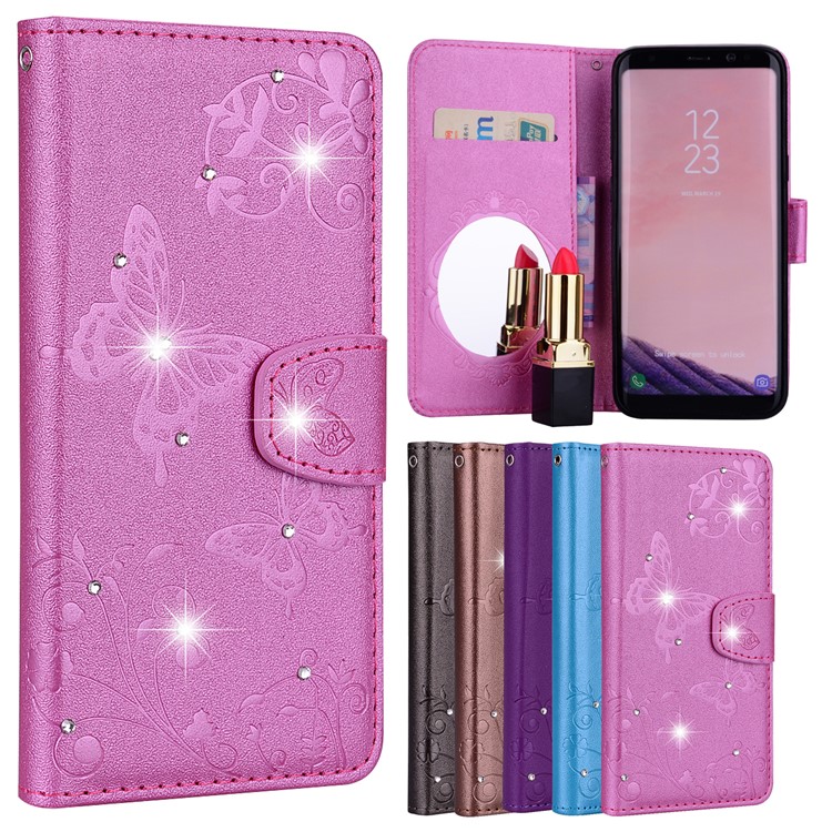 Imprinted Butterfly Flower Pattern Rhinestone Decoration Wallet Leather Cover with Mirror for Samsung Galaxy S8+ SM-G955 - Rose-1