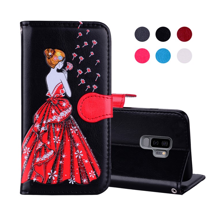 Flash Powder Pretty Girl's Back Leather Stand Wallet Case for Samsung Galaxy S9 Plus SM-G965 - Black-1