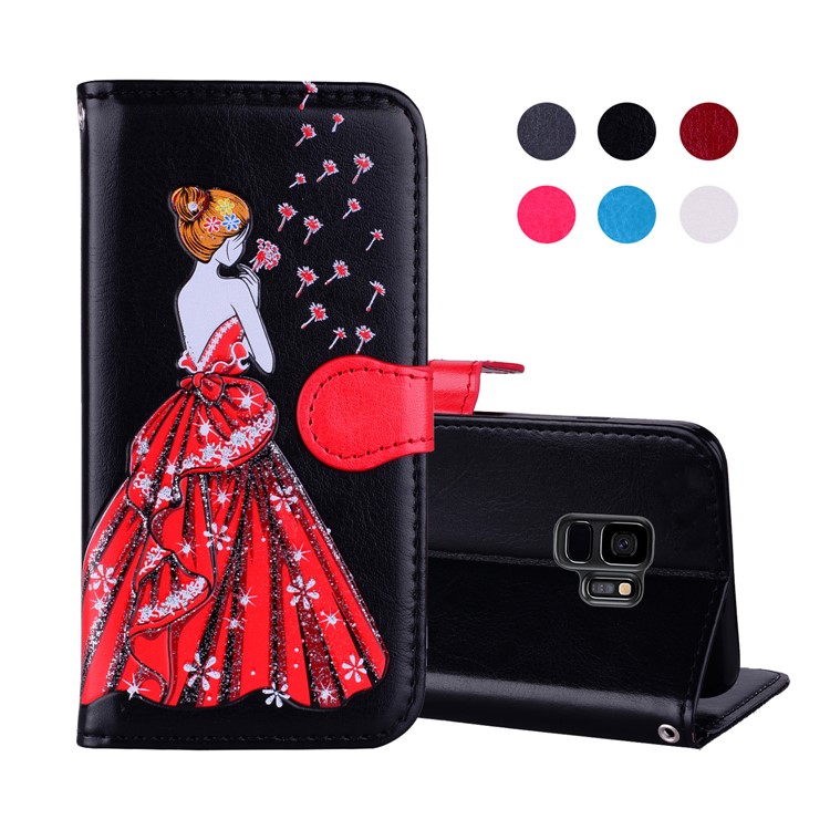 Flash Powder Pretty Girl's Back Leather Wallet Case for Samsung Galaxy S9 SM-G960 - Black-1