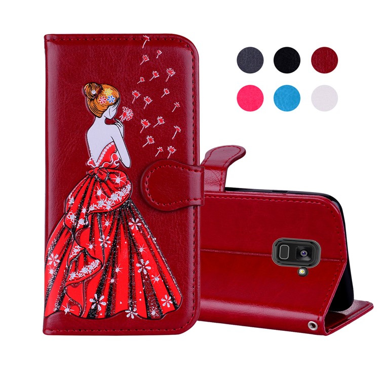 Flash Powder Pretty Girl's Back Leather Stand Wallet Casing for Samsung Galaxy A8+ (2018) - Red-1