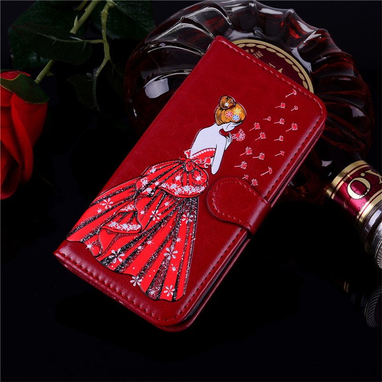 Flash Powder Pretty Girl's Back Leather Stand Wallet Casing for Samsung Galaxy A8+ (2018) - Red-7