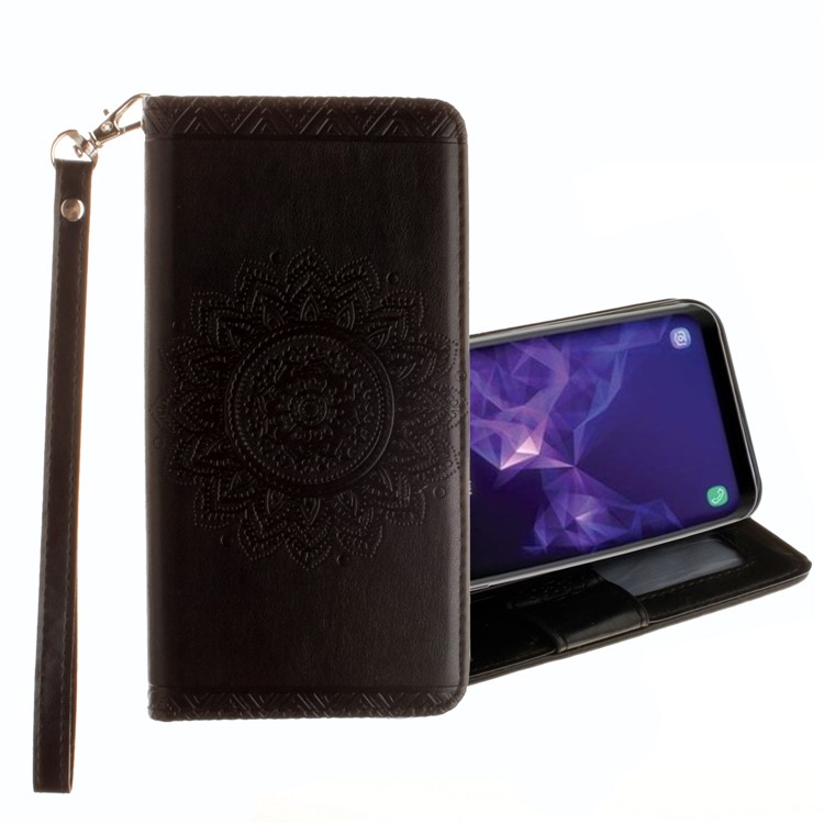 Imprint Mandala Flower Stand Wallet Leather Case for Samsung Galaxy S9 SM-G960 - Black-1