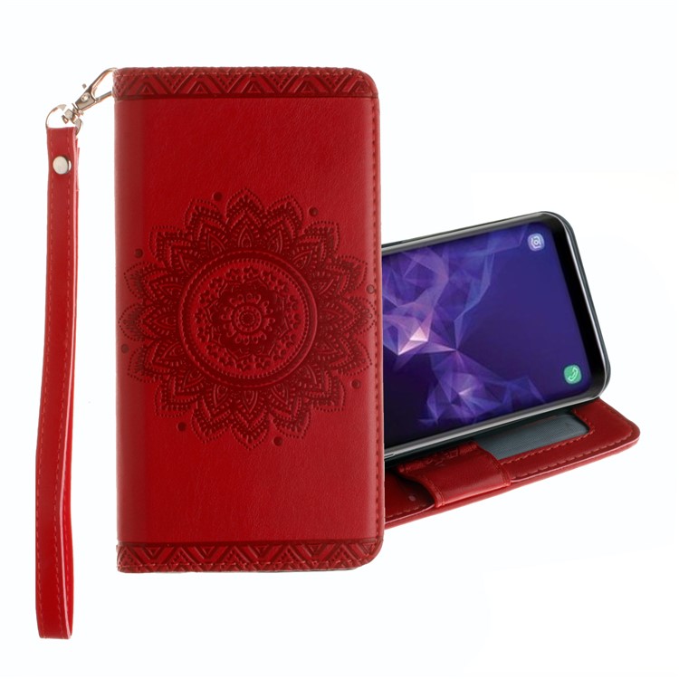 Imprint Mandala Flower Stand Wallet Leather Shell for Samsung Galaxy S9 SM-G960 - Red-1