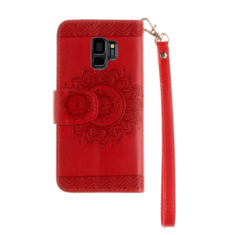 Imprint Mandala Flower Stand Wallet Leather Shell for Samsung Galaxy S9 SM-G960 - Red-3