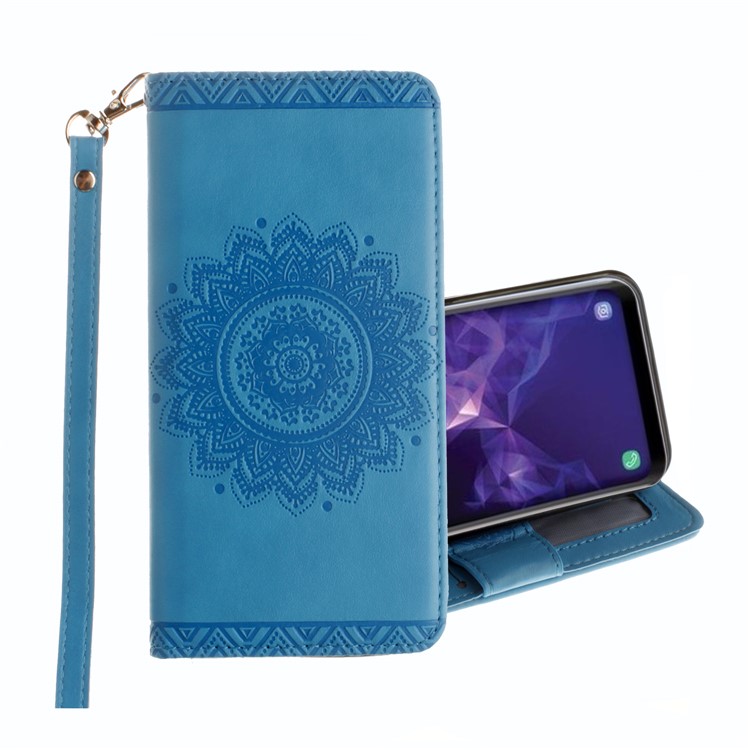Imprint Mandala Flower Stand Wallet Leather Casing for Samsung Galaxy S9 SM-G960 - Blue-1