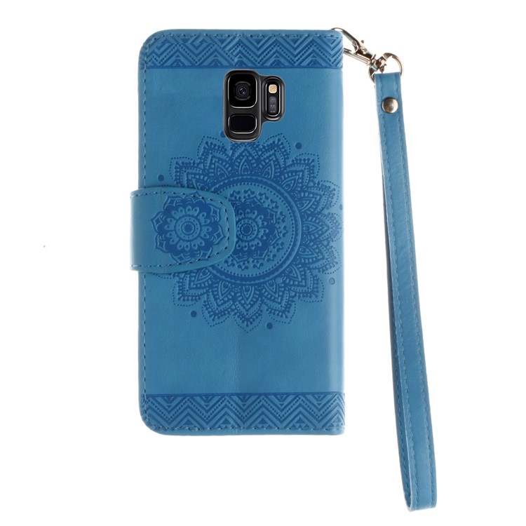 Imprint Mandala Flower Stand Wallet Leather Casing for Samsung Galaxy S9 SM-G960 - Blue-3